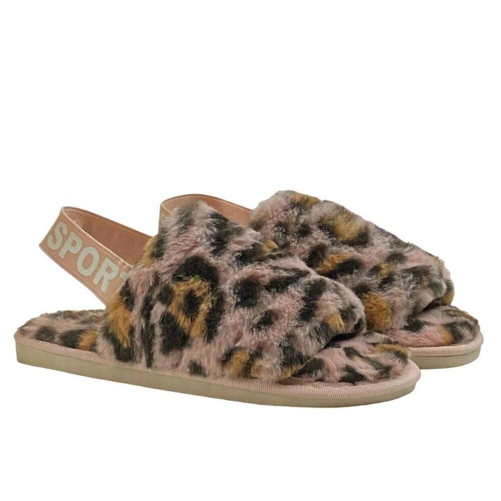 Women's Pink Faux Fur Sport Strap Animal Print Leopard House Slippers